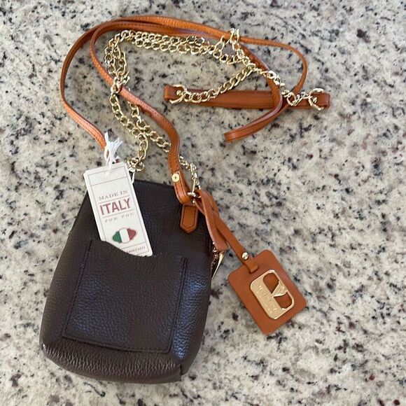 Valentina Womens Pebbled Leather Chain Strap Crossbody Bag Brown NWT - Picture 3 of 9